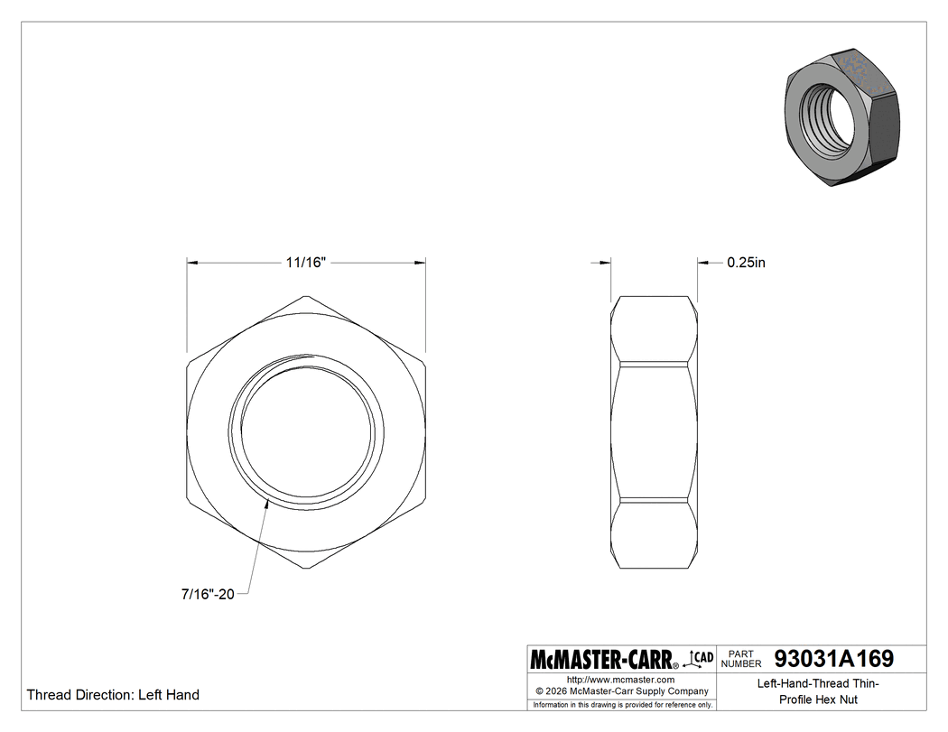 Technical Drawing of Left-Hand-Thread Thin-Profile Hex Nut, 316 Stainless Steel, 7/16"-20 Thread Size.